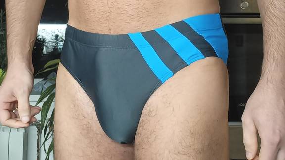 Grey speedo with light blue thick stripes