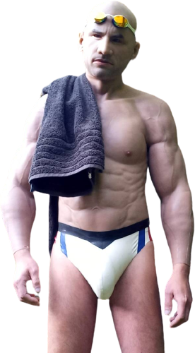 Vasja in muscle suit and latex sppedo